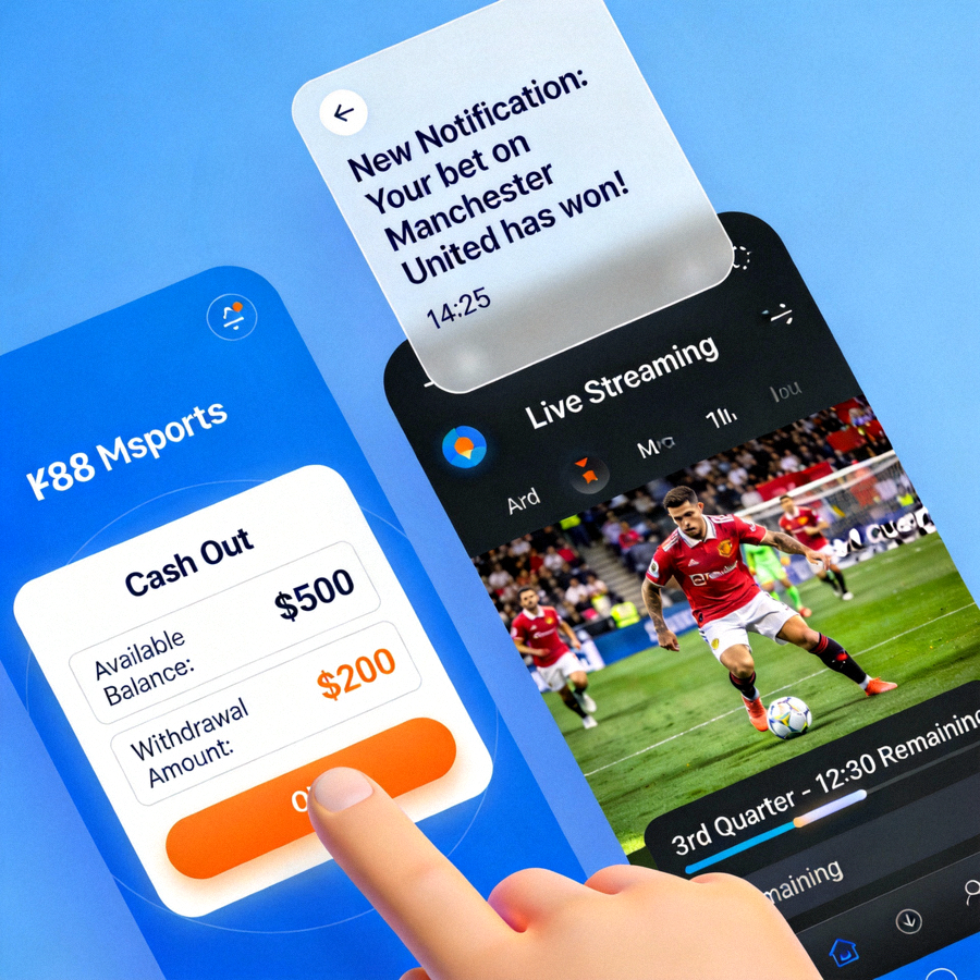 Animasi showcase fitur lengkap M88 Msports termasuk cash out, live streaming, dan notifikasi