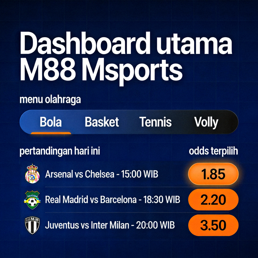 Dashboard utama M88 Msports menampilkan menu olahraga, pertandingan hari ini, dan odds terpilih