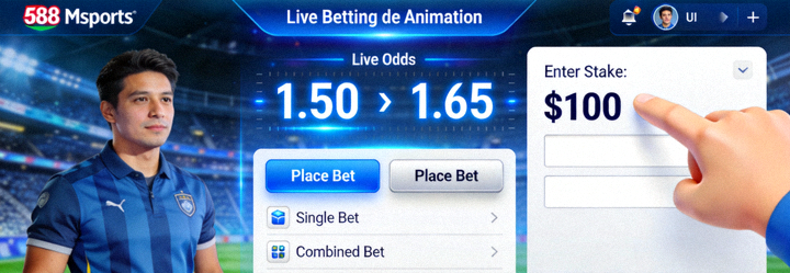 Demo animasi antarmuka live betting M88 Msports menunjukkan pergerakan odds dan penempatan taruhan