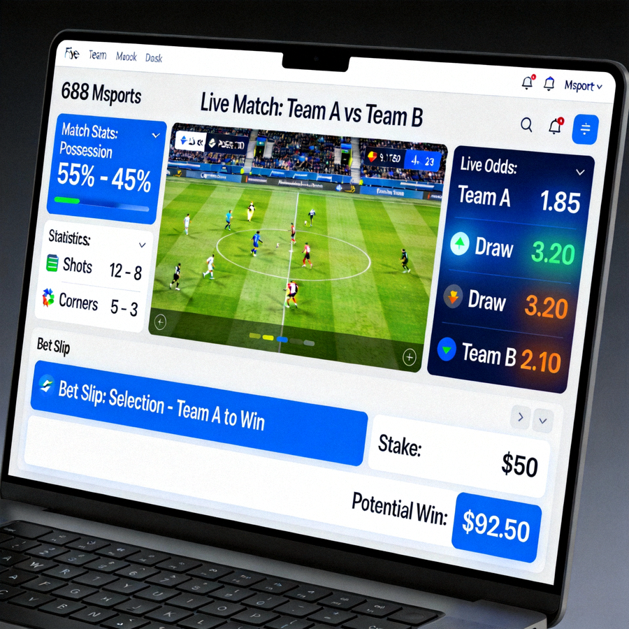Tampilan detail pertandingan live di M88 Msports dengan statistik, live odds, dan slip taruhan